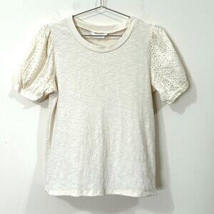 LAUREN CONRAD Eyelet Puff Sleeve Blouse Cream XS-S Textured Stretchy Round Neck